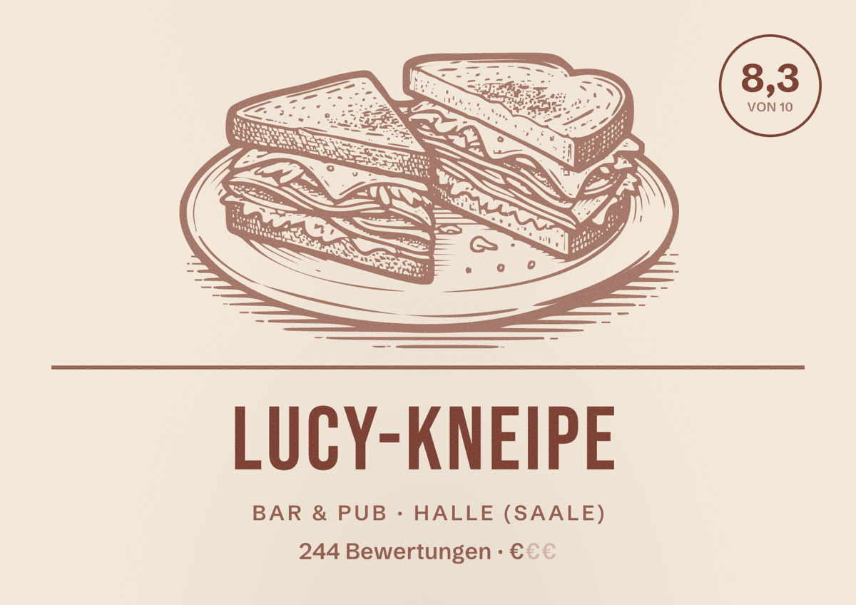 Illustriertes Poster von LUCY-Kneipe, Bar & Pub in Halle (Saale): Bewertung 8,3 von 10 aus 244 Bewertungen, Preisniveau €