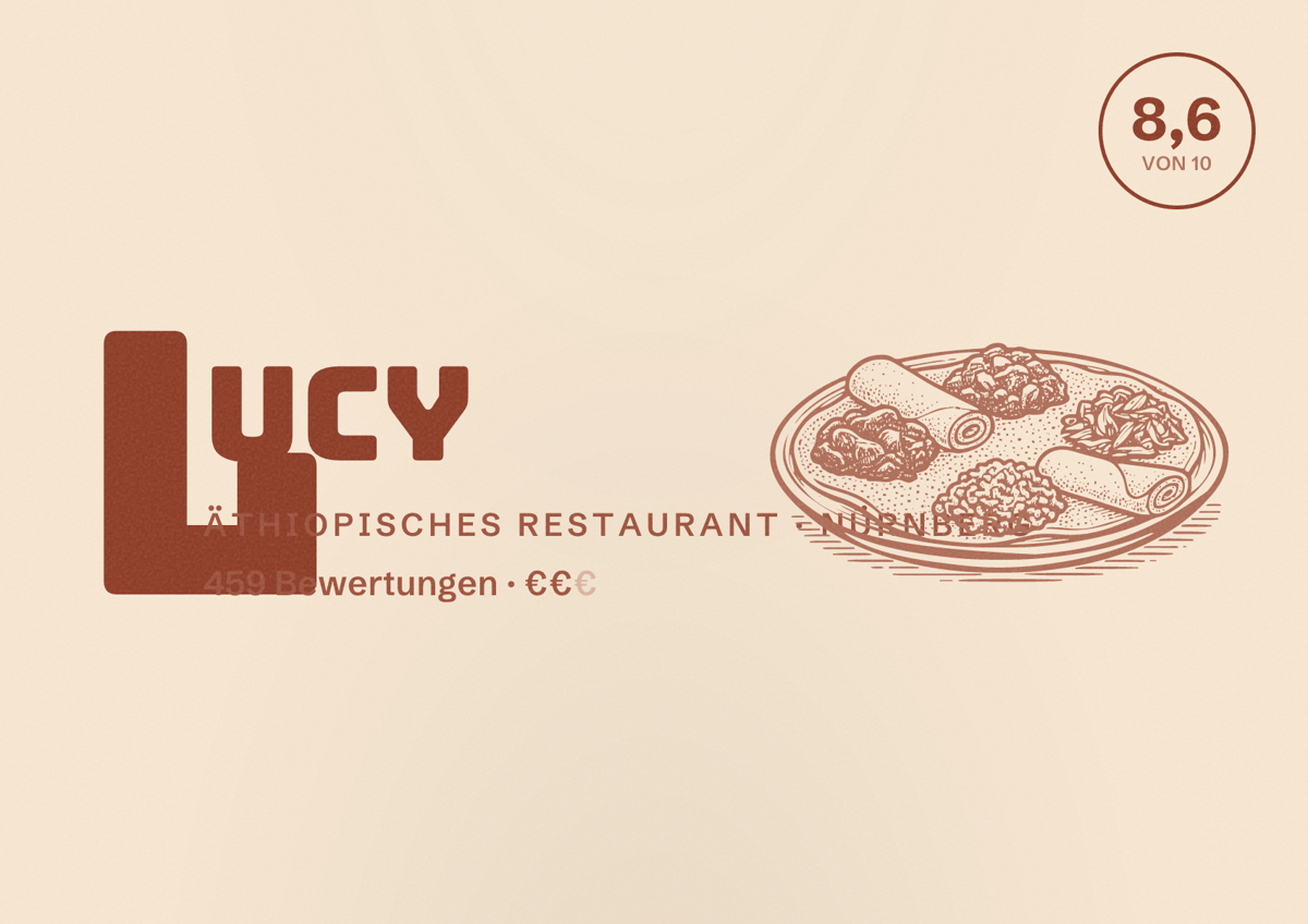 Illustriertes Poster von Lucy, Äthiopisches Restaurant in Nürnberg: Bewertung 8,6 von 10 aus 459 Bewertungen, Preisniveau €€