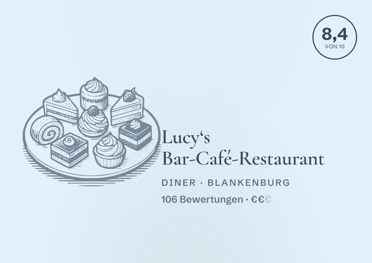 Illustriertes Poster von Lucy‘s Bar-Café-Restaurant, Diner in Blankenburg: Bewertung 8,4 von 10 aus 106 Bewertungen, Preisniveau €€