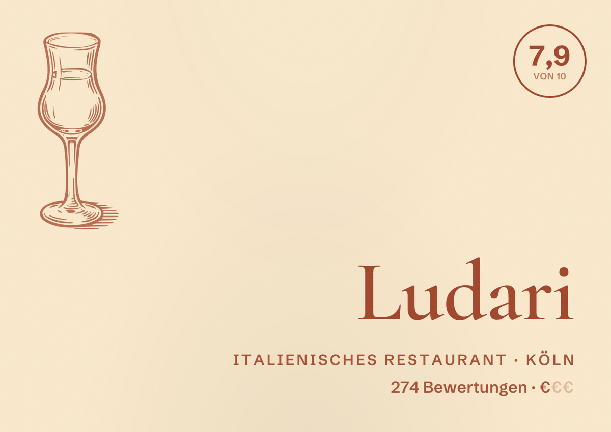 Illustriertes Poster von Ludari, Italienisches Restaurant in Köln: Bewertung 7,9 von 10 aus 274 Bewertungen, Preisniveau €