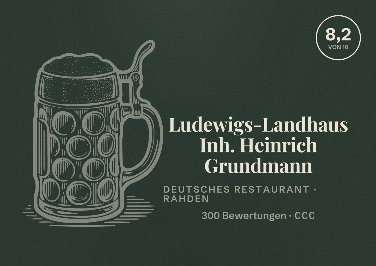Illustriertes Poster von Ludewigs-Landhaus Inh. Heinrich Grundmann, Deutsches Restaurant in Rahden: Bewertung 8,2 von 10 aus 300 Bewertungen, Preisniveau €€€