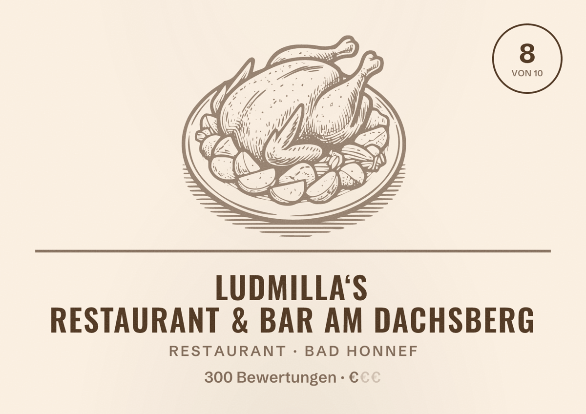 Illustriertes Poster von Ludmilla‘s Restaurant & Bar am Dachsberg, Restaurant in Bad Honnef: Bewertung 8 von 10 aus 300 Bewertungen, Preisniveau €