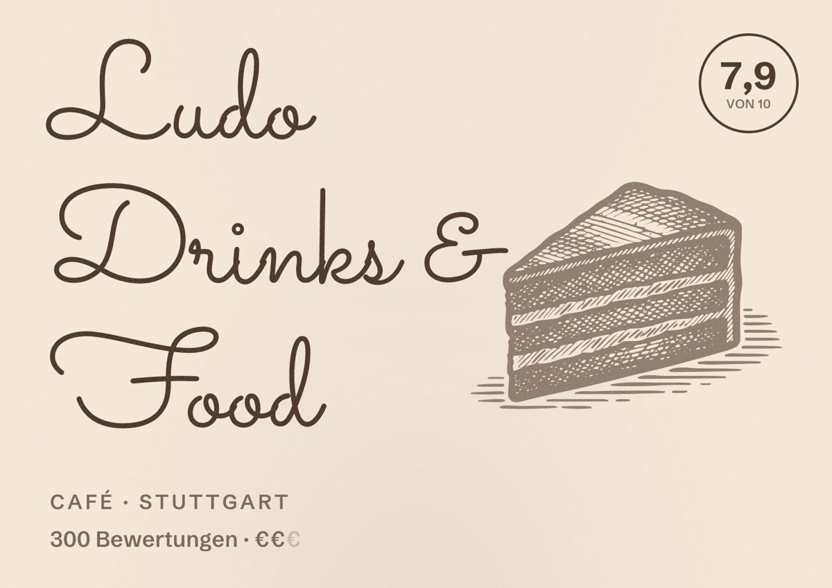 Illustriertes Poster von Ludo Drinks & Food, Café in Stuttgart: Bewertung 7,9 von 10 aus 300 Bewertungen, Preisniveau €€