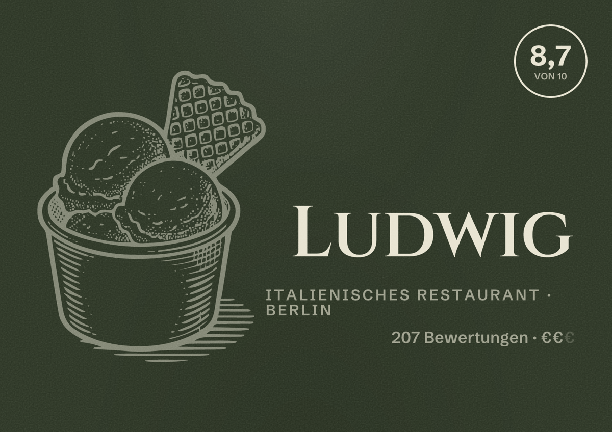 Illustriertes Poster von Ludwig, Italienisches Restaurant in Berlin: Bewertung 8,7 von 10 aus 207 Bewertungen, Preisniveau €€
