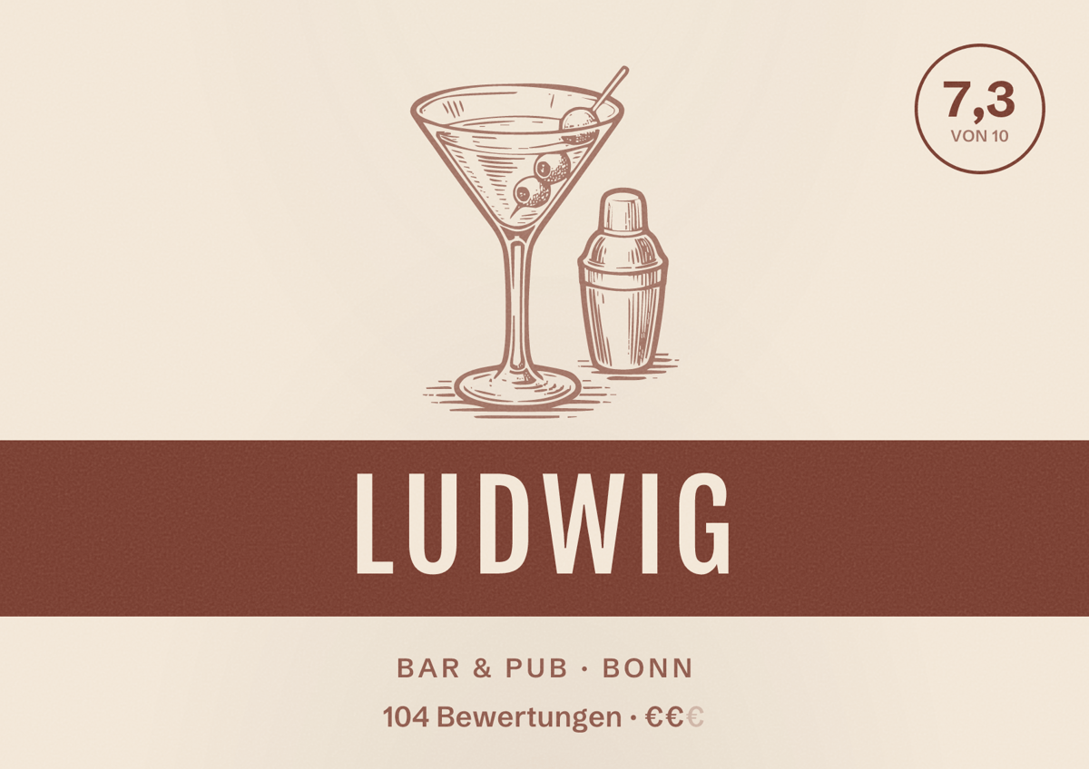 Illustriertes Poster von LUDWIG, Bar & Pub in Bonn: Bewertung 7,3 von 10 aus 104 Bewertungen, Preisniveau €€