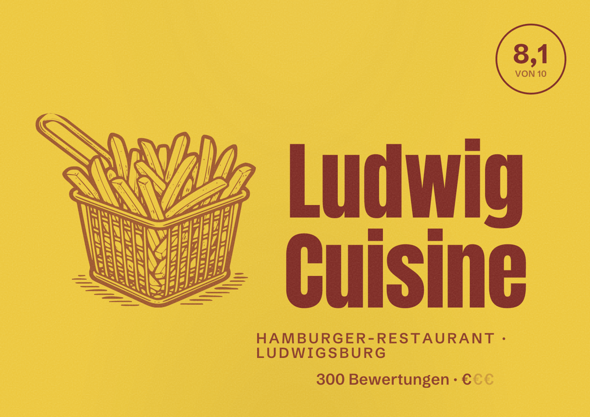 Illustriertes Poster von Ludwig Cuisine, Hamburger-Restaurant in Ludwigsburg: Bewertung 8,1 von 10 aus 300 Bewertungen, Preisniveau €