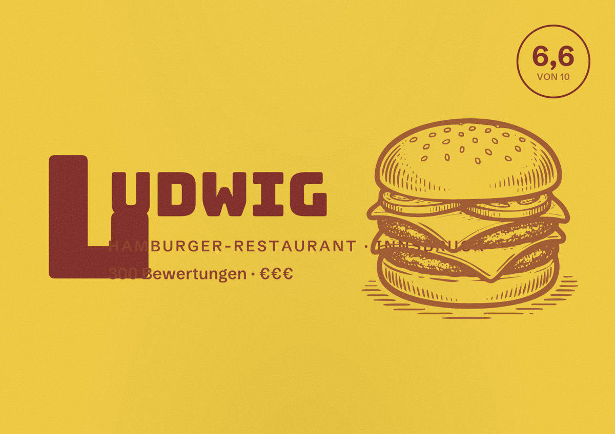 Illustriertes Poster von Ludwig, Hamburger-Restaurant in Innsbruck: Bewertung 6,6 von 10 aus 300 Bewertungen, Preisniveau €€€