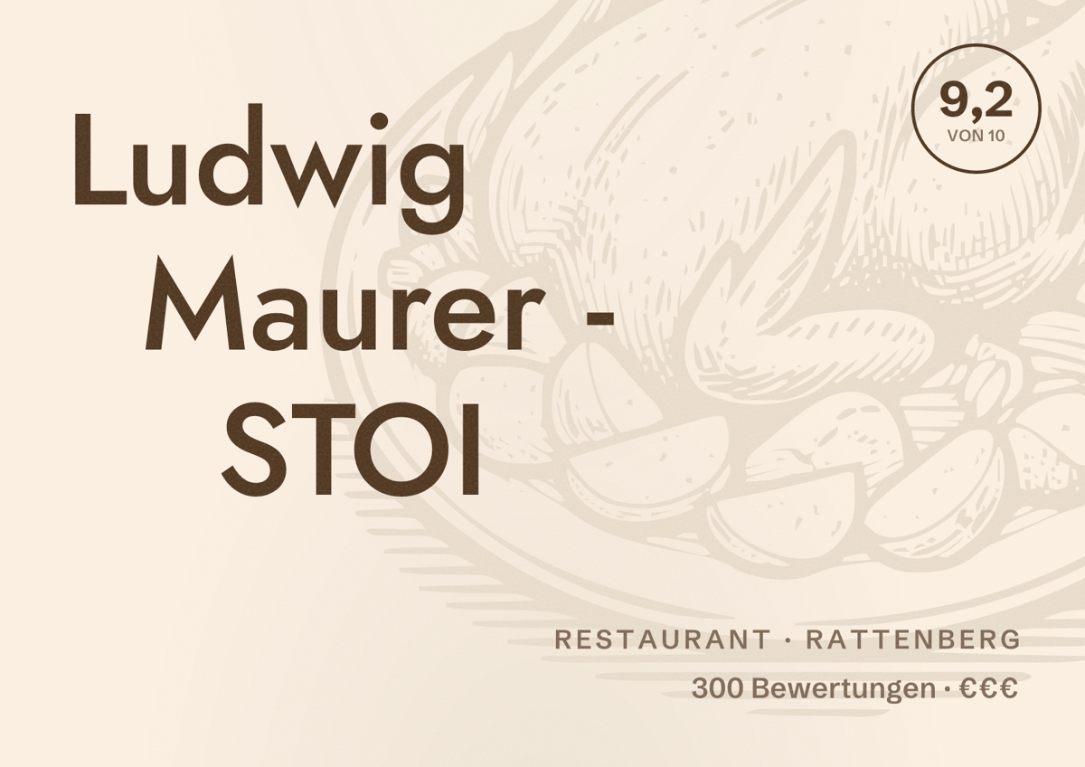 Illustriertes Poster von Ludwig Maurer - STOI, Restaurant in Rattenberg: Bewertung 9,2 von 10 aus 300 Bewertungen, Preisniveau €€€