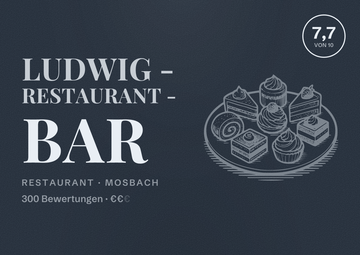 Illustriertes Poster von LUDWIG - Restaurant - Bar, Restaurant in Mosbach: Bewertung 7,7 von 10 aus 300 Bewertungen, Preisniveau €€