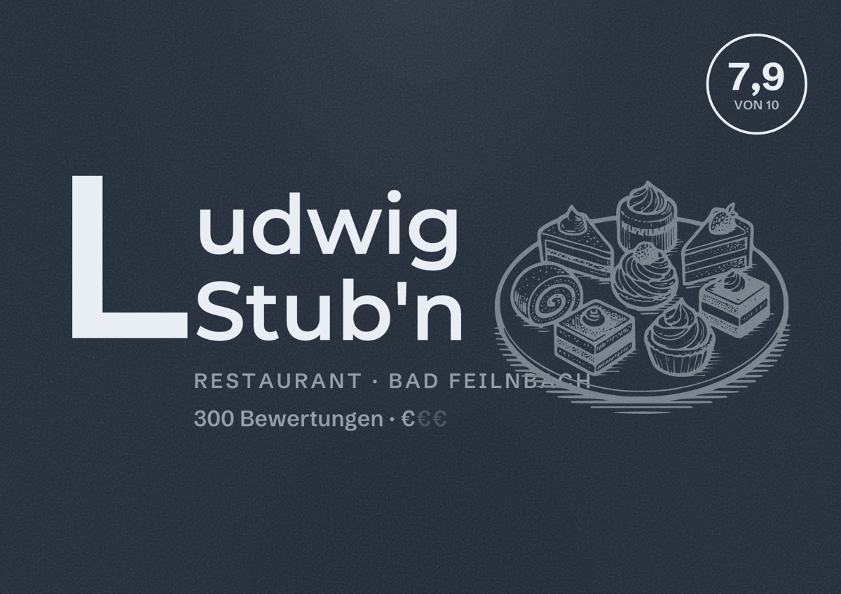 Illustriertes Poster von Ludwig Stub'n, Restaurant in Bad Feilnbach: Bewertung 7,9 von 10 aus 300 Bewertungen, Preisniveau €