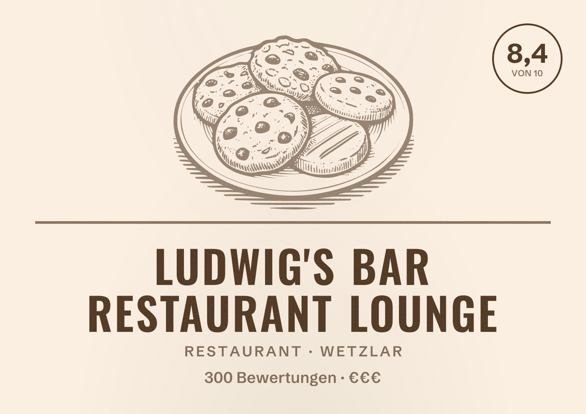 Illustriertes Poster von Ludwig's Bar Restaurant Lounge, Restaurant in Wetzlar: Bewertung 8,4 von 10 aus 300 Bewertungen, Preisniveau €€€