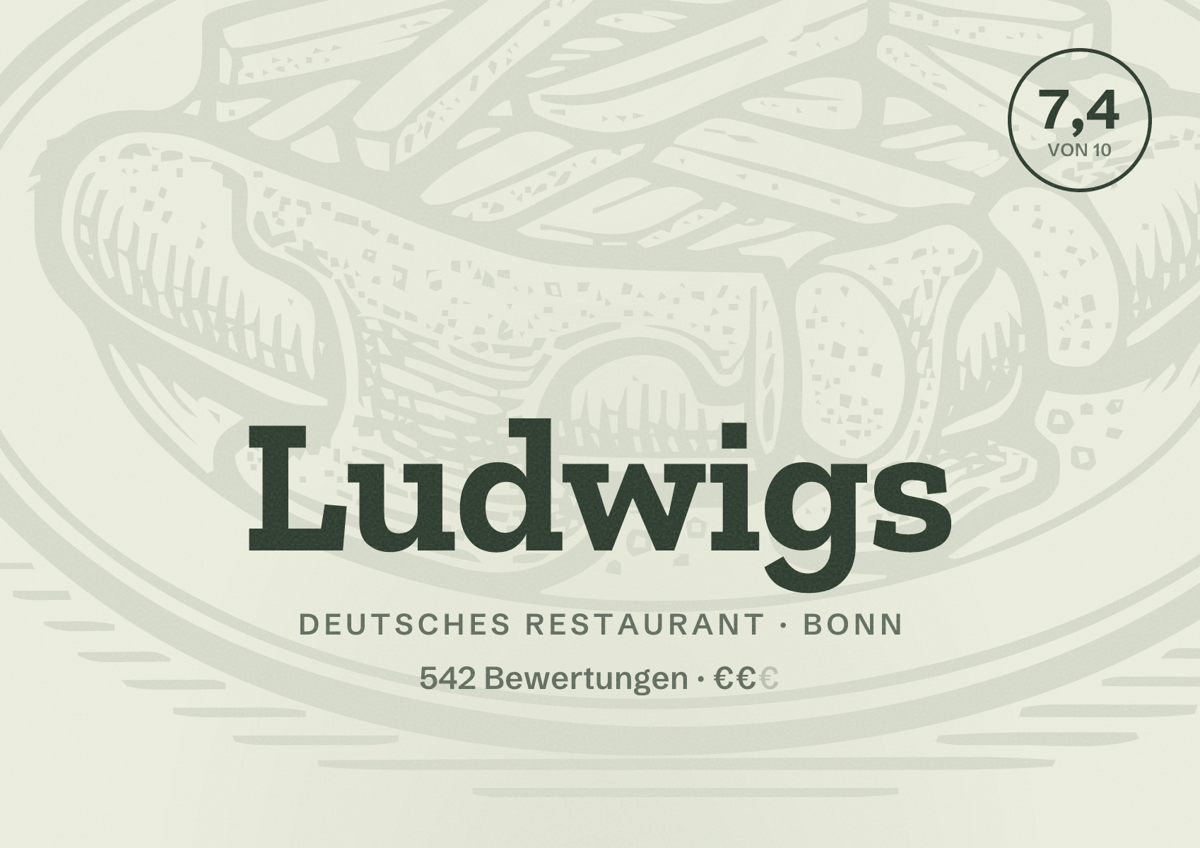 Illustriertes Poster von Ludwigs, Deutsches Restaurant in Bonn: Bewertung 7,4 von 10 aus 542 Bewertungen, Preisniveau €€