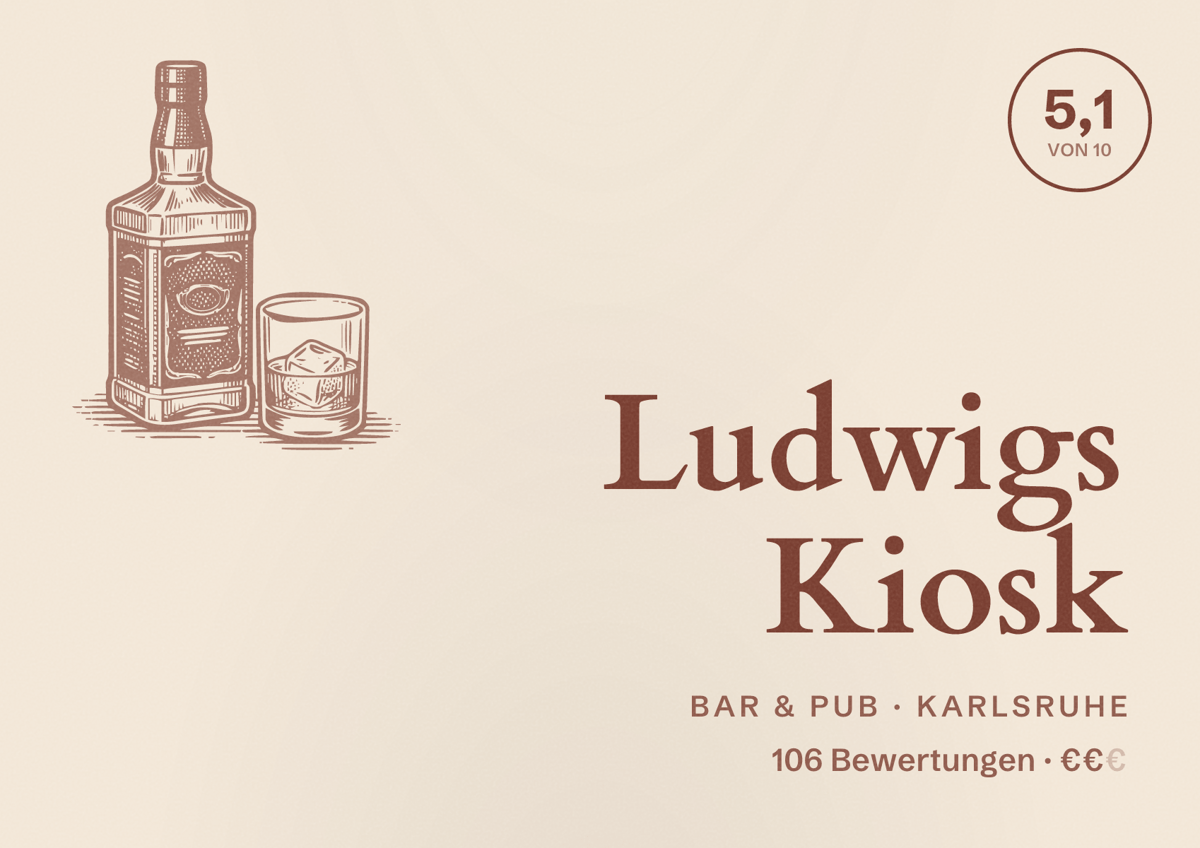 Illustriertes Poster von Ludwigs Kiosk, Bar & Pub in Karlsruhe: Bewertung 5,1 von 10 aus 106 Bewertungen, Preisniveau €€