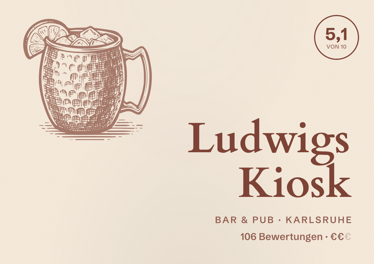 Illustriertes Poster von Ludwigs Kiosk, Bar & Pub in Karlsruhe: Bewertung 5,1 von 10 aus 106 Bewertungen, Preisniveau €€