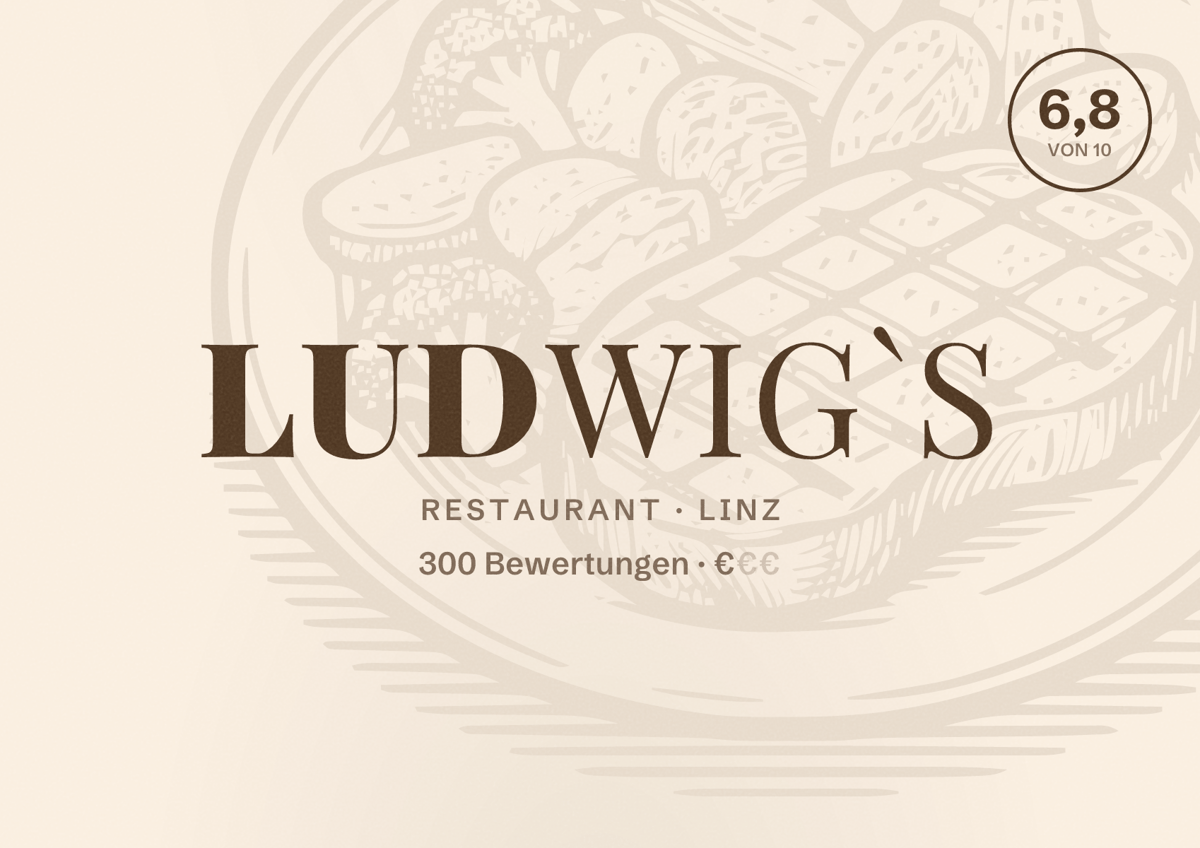 Illustriertes Poster von Ludwig`s, Restaurant in Linz: Bewertung 6,8 von 10 aus 300 Bewertungen, Preisniveau €