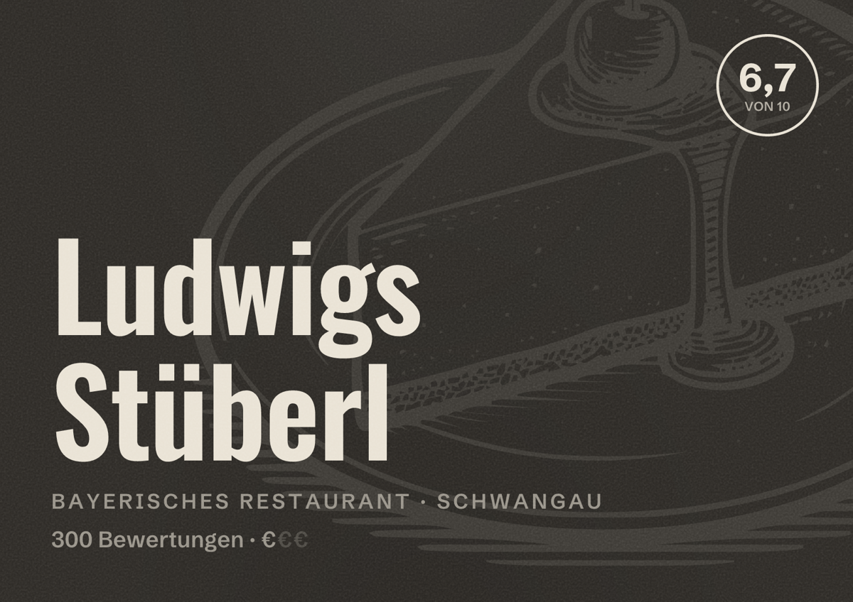 Illustriertes Poster von Ludwigs Stüberl, Bayerisches Restaurant in Schwangau: Bewertung 6,7 von 10 aus 300 Bewertungen, Preisniveau €