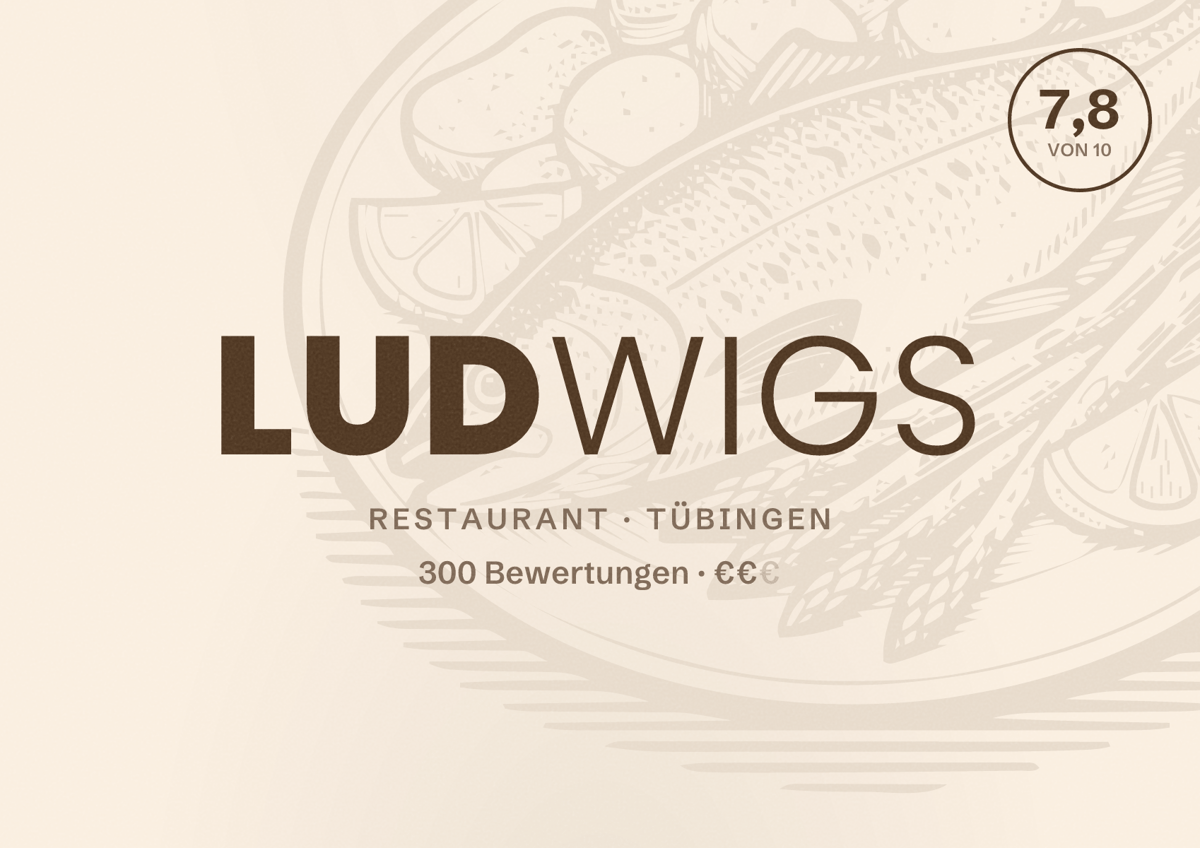 Illustriertes Poster von Ludwigs, Restaurant in Tübingen: Bewertung 7,8 von 10 aus 300 Bewertungen, Preisniveau €€
