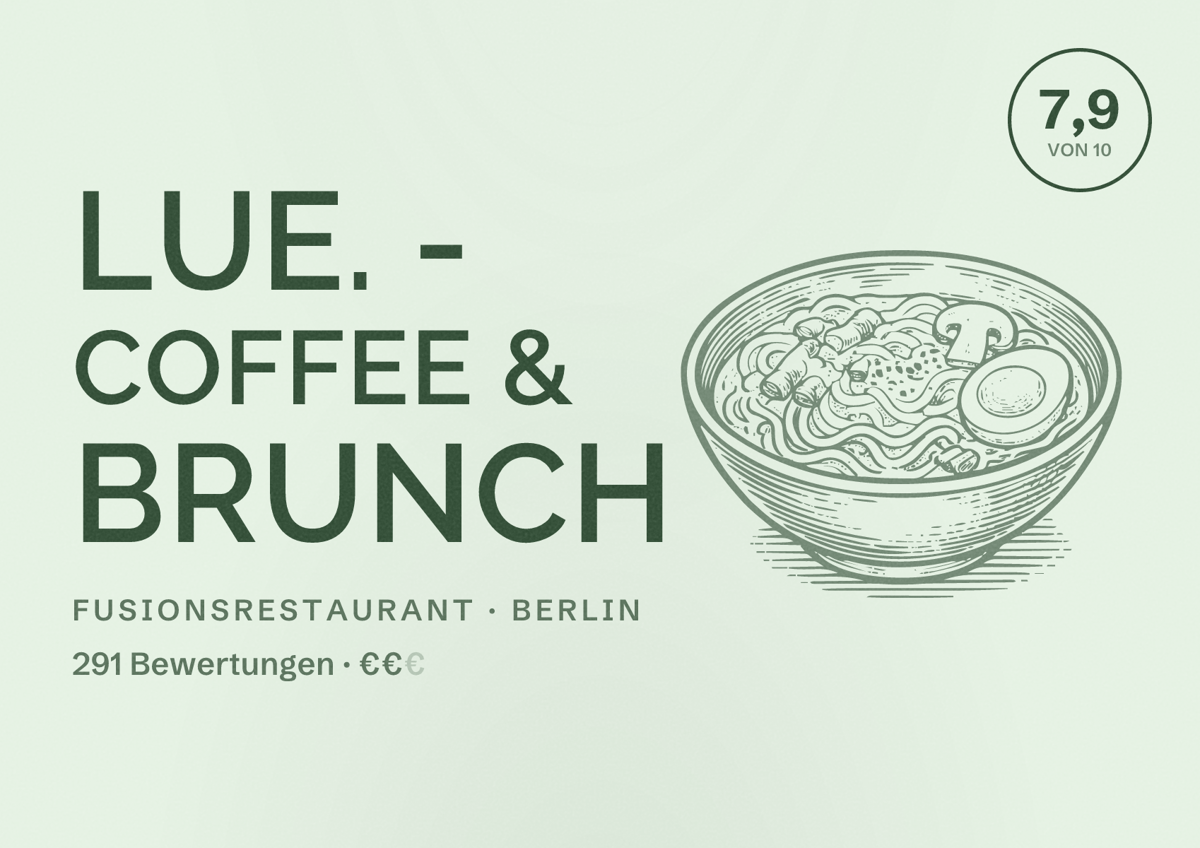 Illustriertes Poster von lue. - coffee & brunch, Fusionsrestaurant in Berlin: Bewertung 7,9 von 10 aus 291 Bewertungen, Preisniveau €€