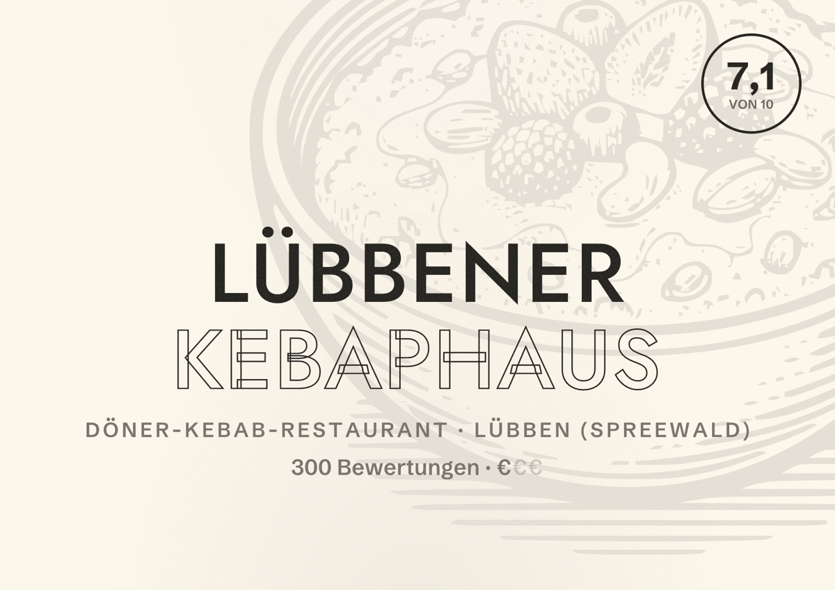 Illustriertes Poster von Lübbener Kebaphaus, Döner-Kebab-Restaurant in Lübben (Spreewald): Bewertung 7,1 von 10 aus 300 Bewertungen, Preisniveau €