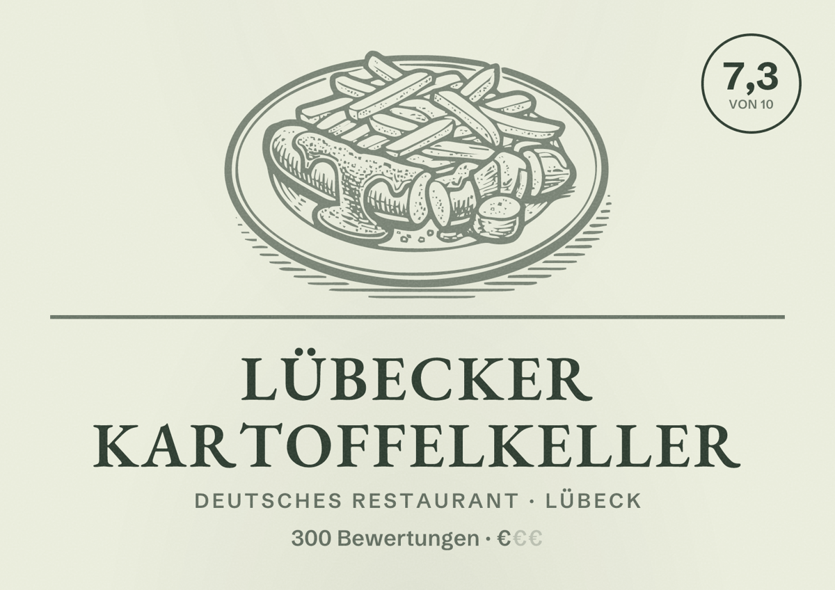 Illustriertes Poster von Lübecker Kartoffelkeller, Deutsches Restaurant in Lübeck: Bewertung 7,3 von 10 aus 300 Bewertungen, Preisniveau €