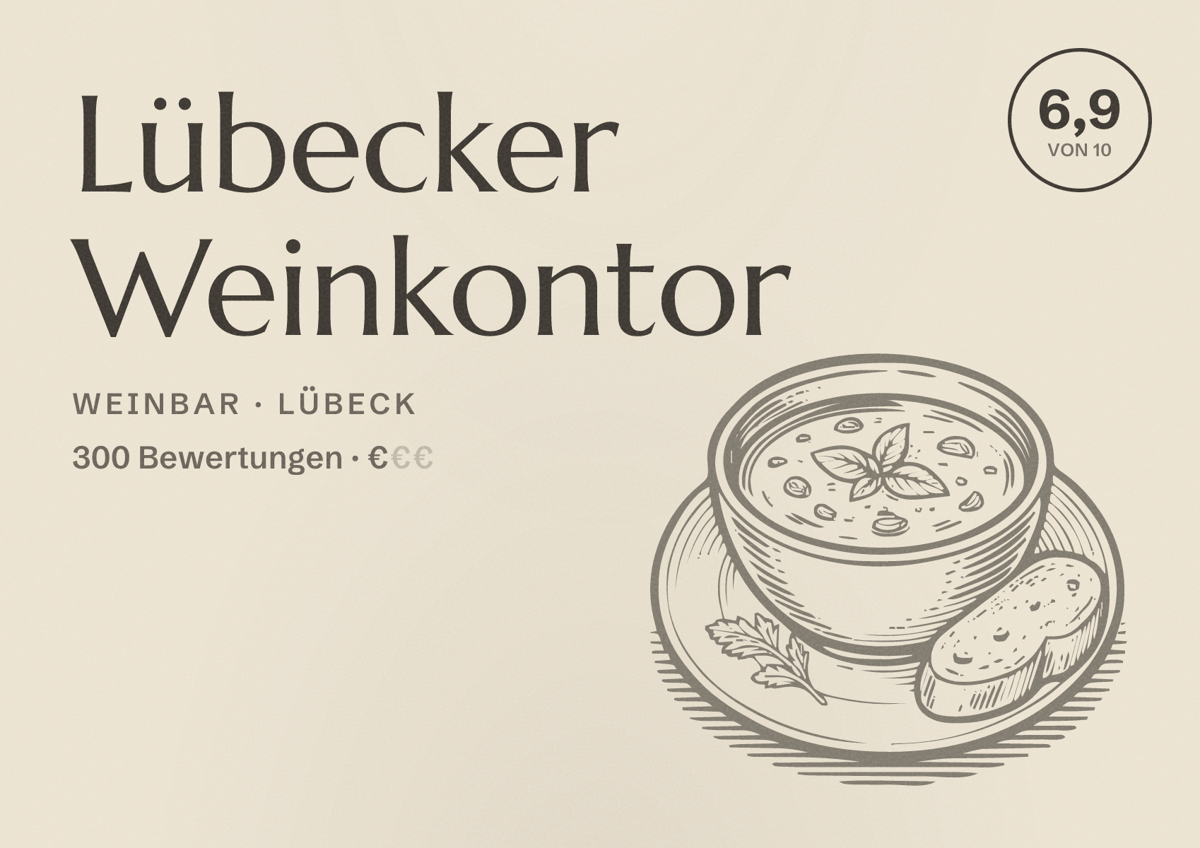 Illustriertes Poster von Lübecker Weinkontor, Weinbar in Lübeck: Bewertung 6,9 von 10 aus 300 Bewertungen, Preisniveau €