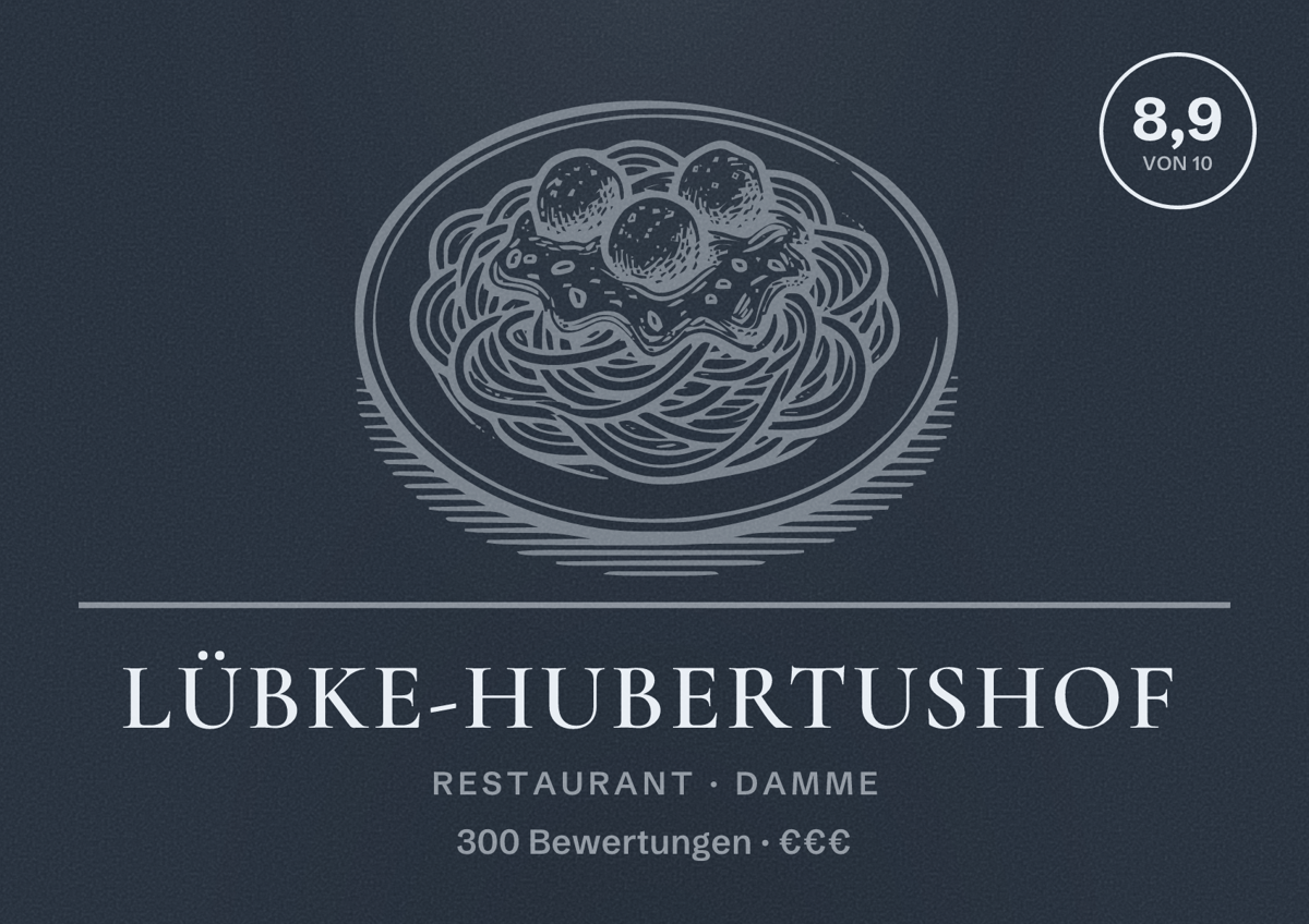 Illustriertes Poster von Lübke-Hubertushof, Restaurant in Damme: Bewertung 8,9 von 10 aus 300 Bewertungen, Preisniveau €€€