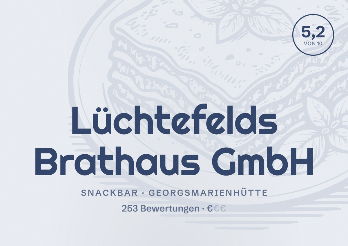 Illustriertes Poster von Lüchtefelds Brathaus GmbH, Snackbar in Georgsmarienhütte: Bewertung 5,2 von 10 aus 253 Bewertungen, Preisniveau €