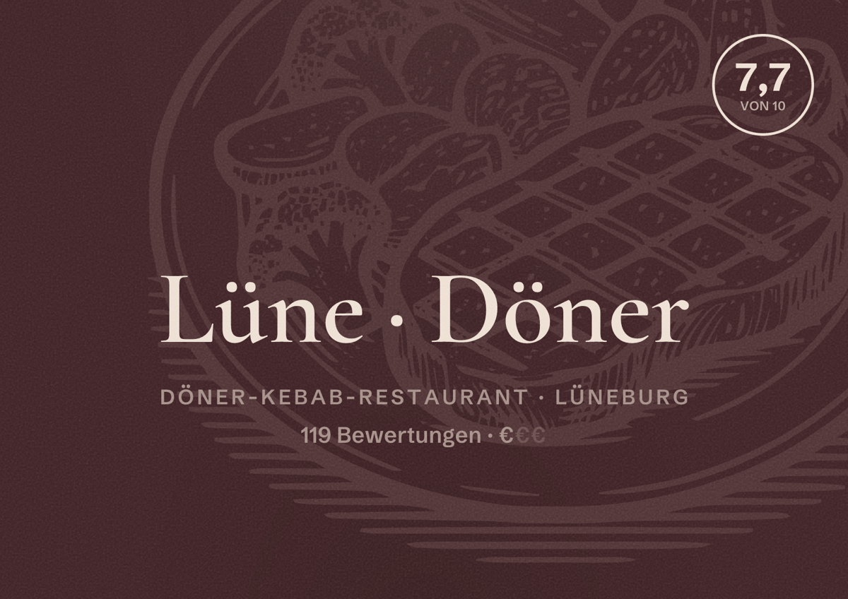 Illustriertes Poster von Lüne Döner, Döner-Kebab-Restaurant in Lüneburg: Bewertung 7,7 von 10 aus 119 Bewertungen, Preisniveau €