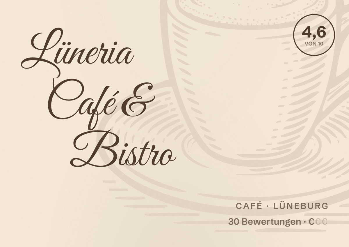 Illustriertes Poster von Lüneria Café & Bistro, Café in Lüneburg: Bewertung 4,6 von 10 aus 30 Bewertungen, Preisniveau €