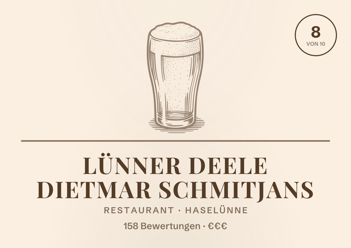 Illustriertes Poster von Lünner Deele Dietmar Schmitjans, Restaurant in Haselünne: Bewertung 8 von 10 aus 158 Bewertungen, Preisniveau €€€