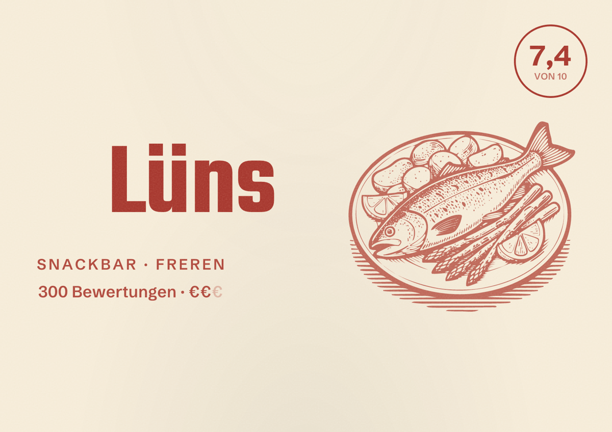 Illustriertes Poster von Lüns, Snackbar in Freren: Bewertung 7,4 von 10 aus 300 Bewertungen, Preisniveau €€