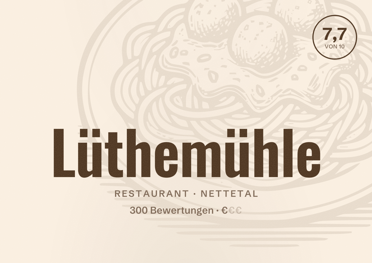 Illustriertes Poster von Lüthemühle, Restaurant in Nettetal: Bewertung 7,7 von 10 aus 300 Bewertungen, Preisniveau €
