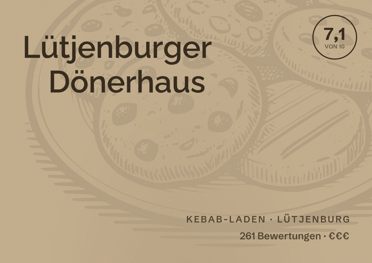 Illustriertes Poster von Lütjenburger Dönerhaus, Kebab-Laden in Lütjenburg: Bewertung 7,1 von 10 aus 261 Bewertungen, Preisniveau €€€