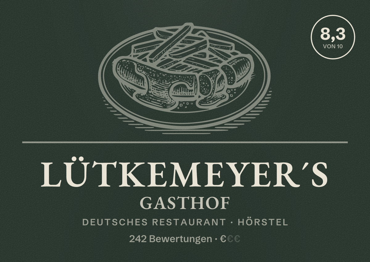 Illustriertes Poster von Lütkemeyer´s Gasthof, Deutsches Restaurant in Hörstel: Bewertung 8,3 von 10 aus 242 Bewertungen, Preisniveau €