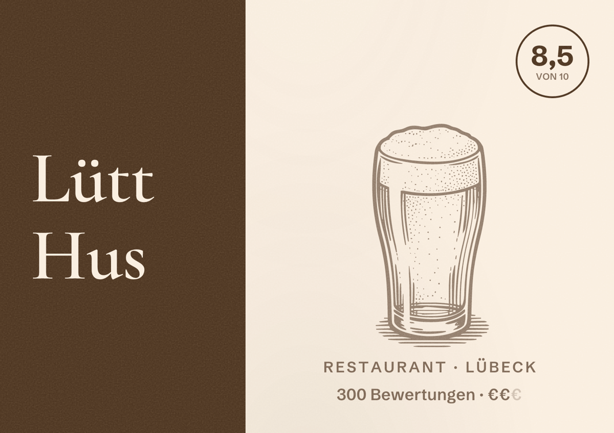 Illustriertes Poster von Lütt Hus, Restaurant in Lübeck: Bewertung 8,5 von 10 aus 300 Bewertungen, Preisniveau €€