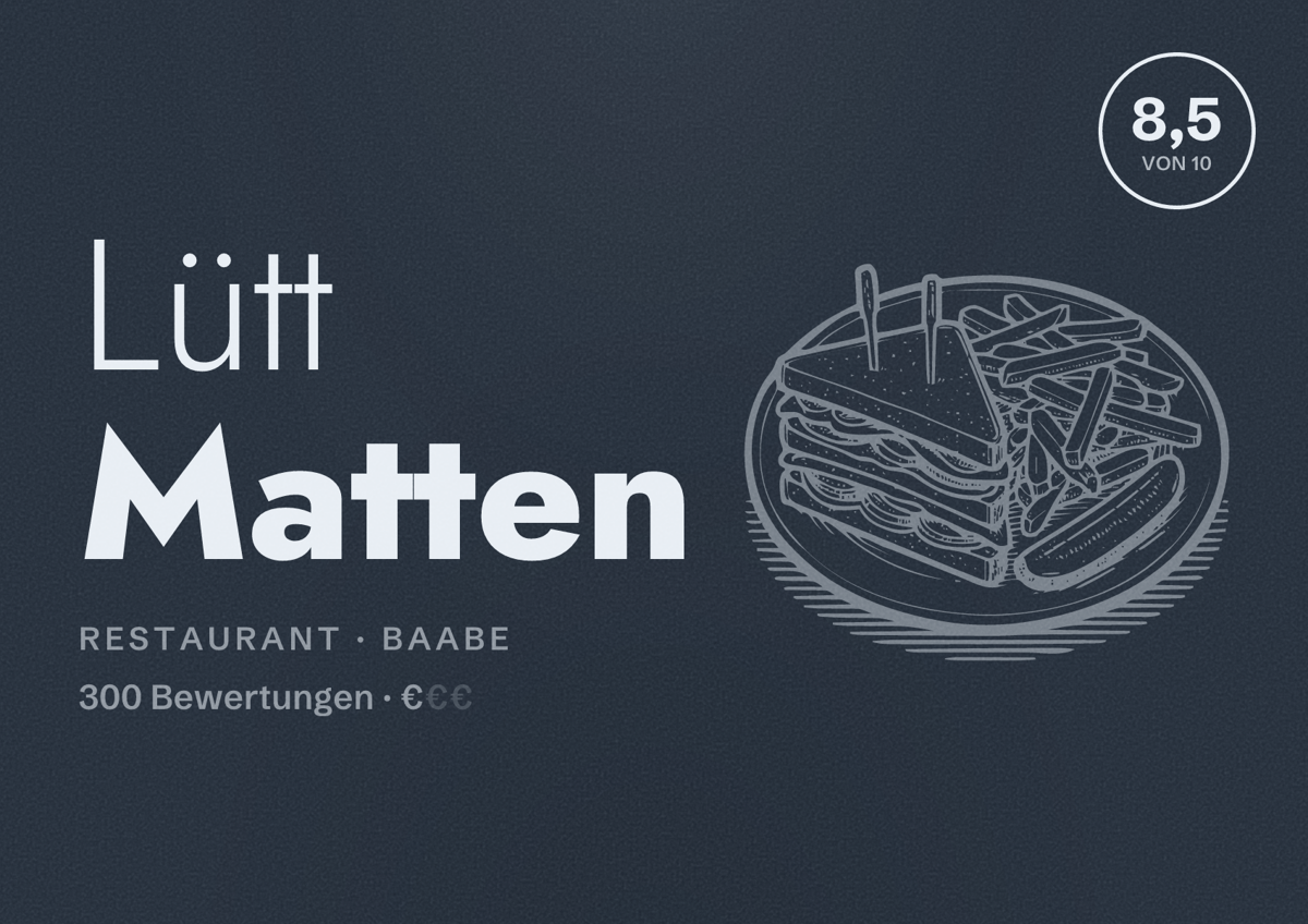 Illustriertes Poster von Lütt Matten, Restaurant in Baabe: Bewertung 8,5 von 10 aus 300 Bewertungen, Preisniveau €