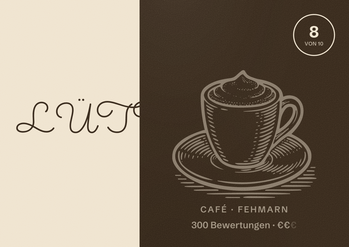 Illustriertes Poster von LÜTTEN, Café in Fehmarn: Bewertung 8 von 10 aus 300 Bewertungen, Preisniveau €€