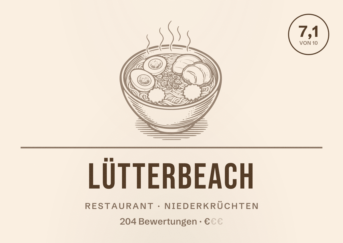 Illustriertes Poster von Lütterbeach, Restaurant in Niederkrüchten: Bewertung 7,1 von 10 aus 204 Bewertungen, Preisniveau €