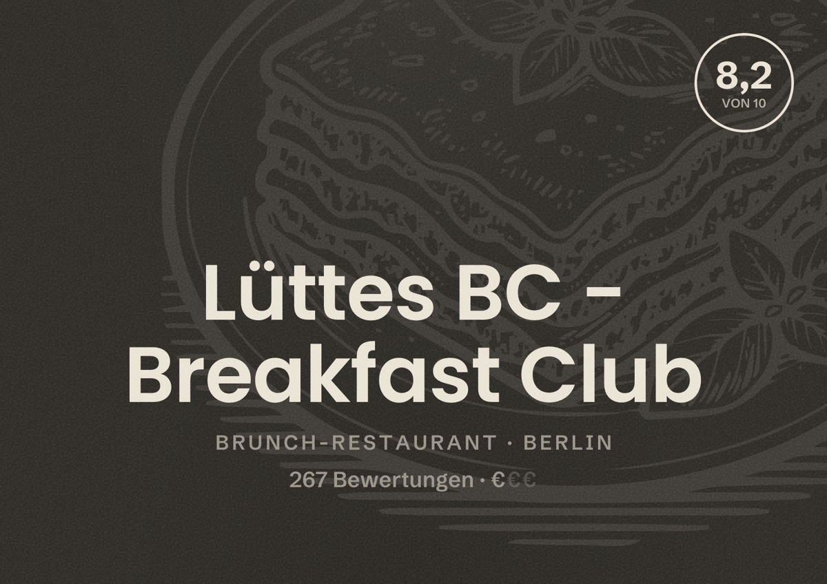 Illustriertes Poster von Lüttes BC - Breakfast Club, Brunch-Restaurant in Berlin: Bewertung 8,2 von 10 aus 267 Bewertungen, Preisniveau €