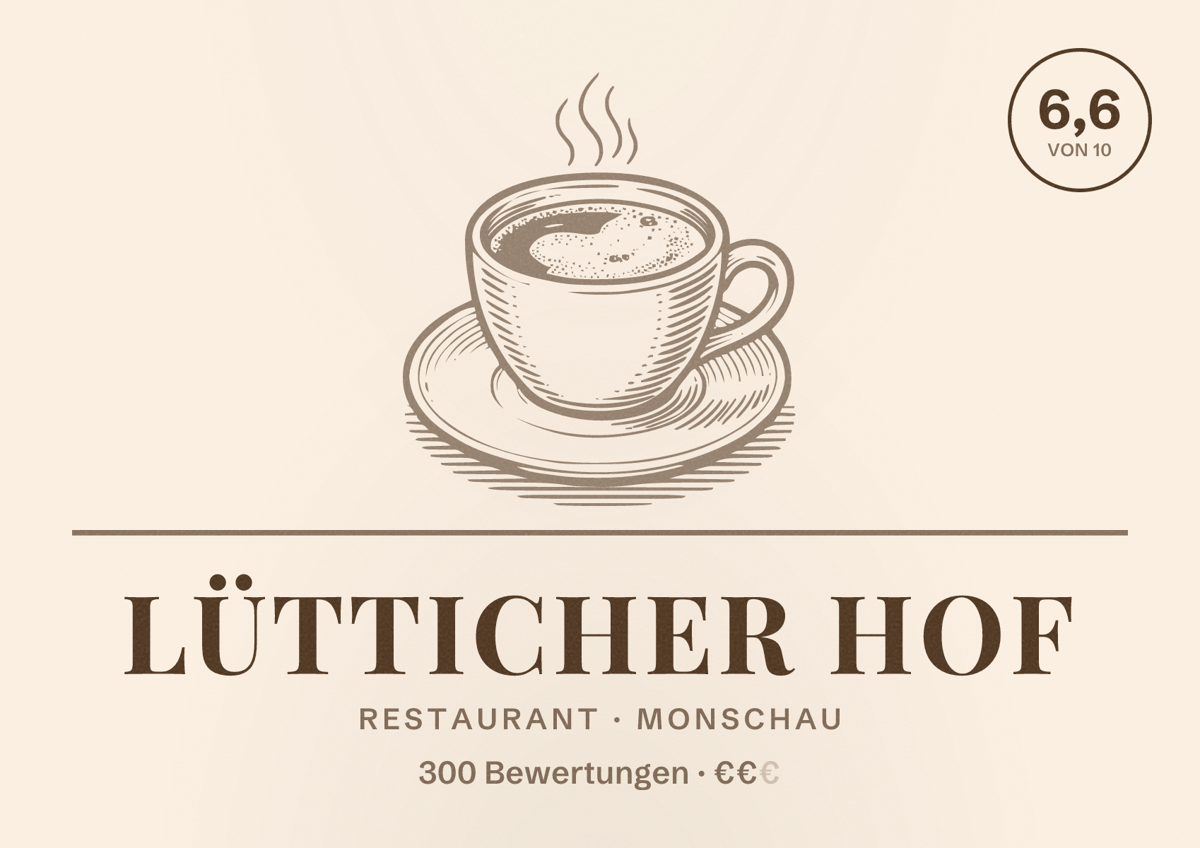Illustriertes Poster von Lütticher Hof, Restaurant in Monschau: Bewertung 6,6 von 10 aus 300 Bewertungen, Preisniveau €€
