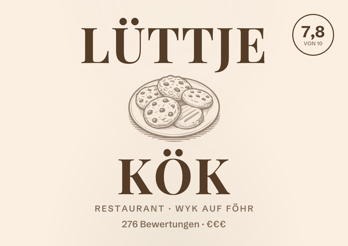 Illustriertes Poster von Lüttje Kök, Restaurant in Wyk auf Föhr: Bewertung 7,8 von 10 aus 276 Bewertungen, Preisniveau €€€