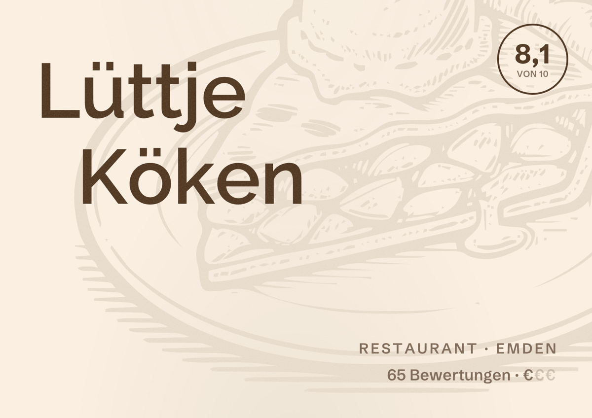Illustriertes Poster von Lüttje Köken, Restaurant in Emden: Bewertung 8,1 von 10 aus 65 Bewertungen, Preisniveau €