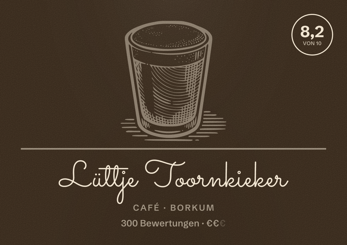Illustriertes Poster von Lüttje Toornkieker, Café in Borkum: Bewertung 8,2 von 10 aus 300 Bewertungen, Preisniveau €€