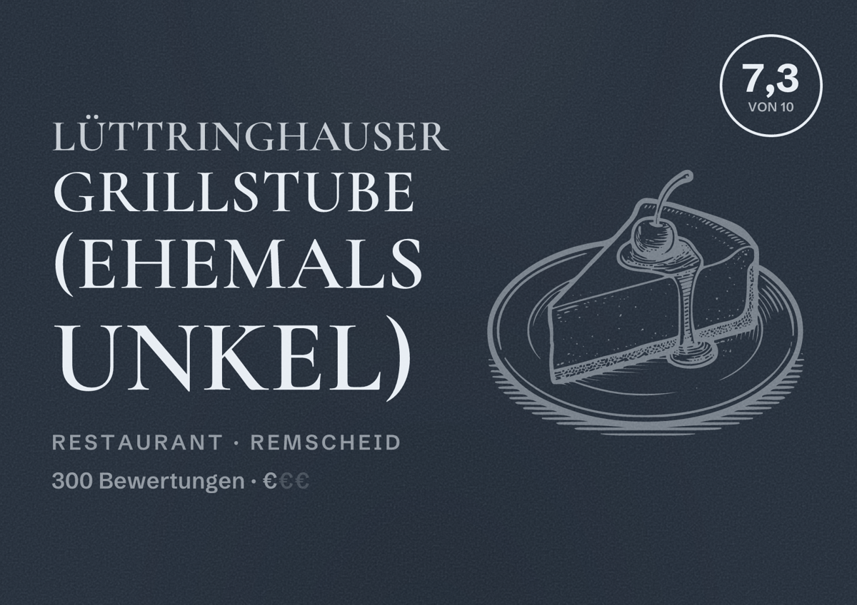Illustriertes Poster von Lüttringhauser Grillstube (ehemals Unkel), Restaurant in Remscheid: Bewertung 7,3 von 10 aus 300 Bewertungen, Preisniveau €