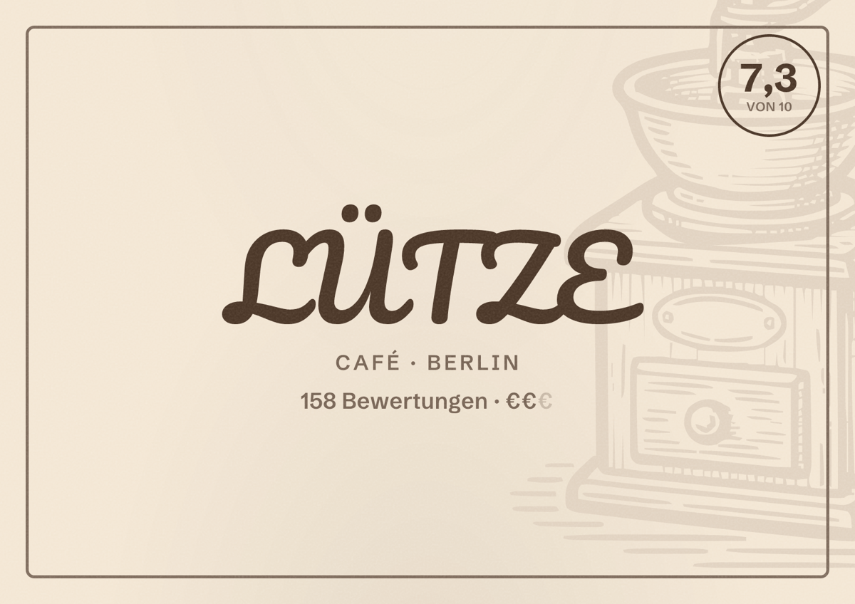 Illustriertes Poster von LÜTZE, Café in Berlin: Bewertung 7,3 von 10 aus 158 Bewertungen, Preisniveau €€