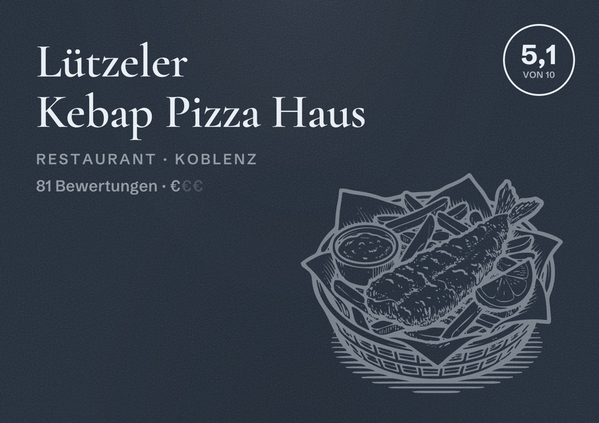 Illustriertes Poster von Lützeler Kebap Pizza Haus, Restaurant in Koblenz: Bewertung 5,1 von 10 aus 81 Bewertungen, Preisniveau €
