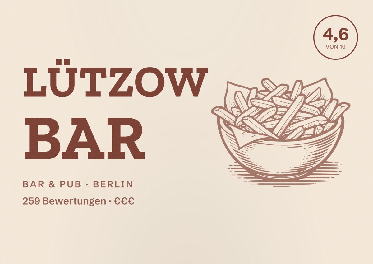 Illustriertes Poster von Lützow Bar, Bar & Pub in Berlin: Bewertung 4,6 von 10 aus 259 Bewertungen, Preisniveau €€€
