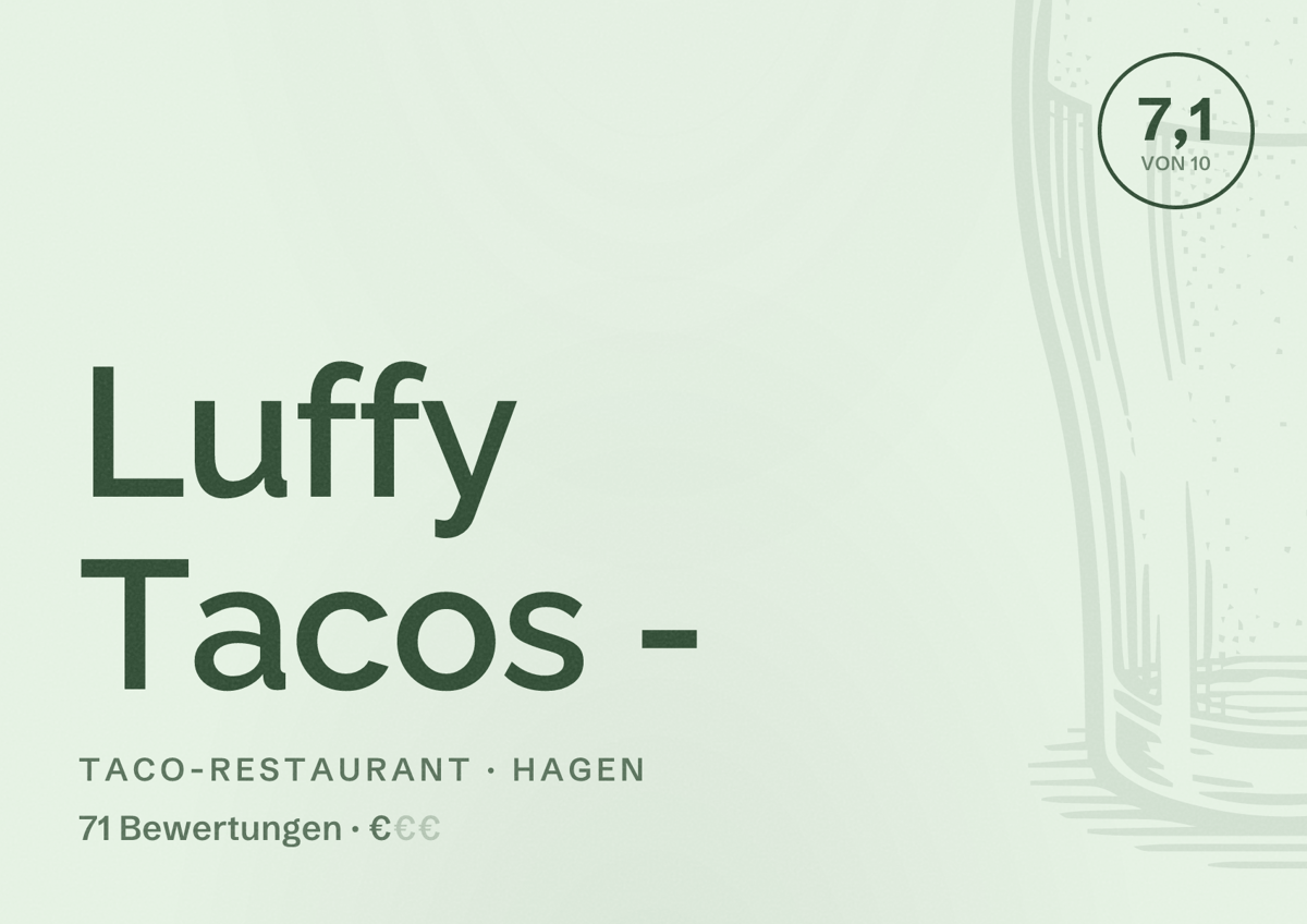Illustriertes Poster von Luffy Tacos -, Taco-Restaurant in Hagen: Bewertung 7,1 von 10 aus 71 Bewertungen, Preisniveau €