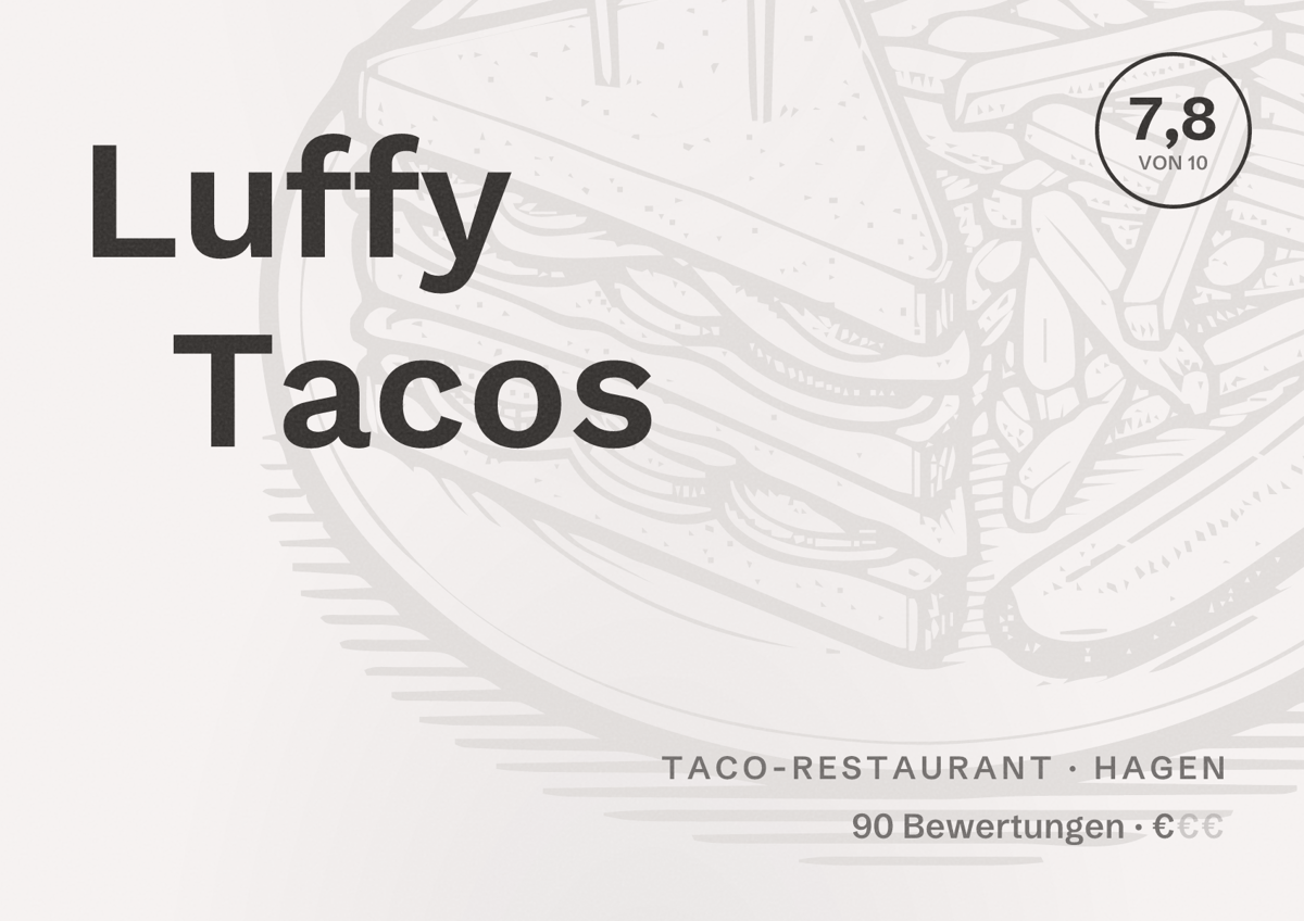 Illustriertes Poster von Luffy Tacos, Taco-Restaurant in Hagen: Bewertung 7,8 von 10 aus 90 Bewertungen, Preisniveau €