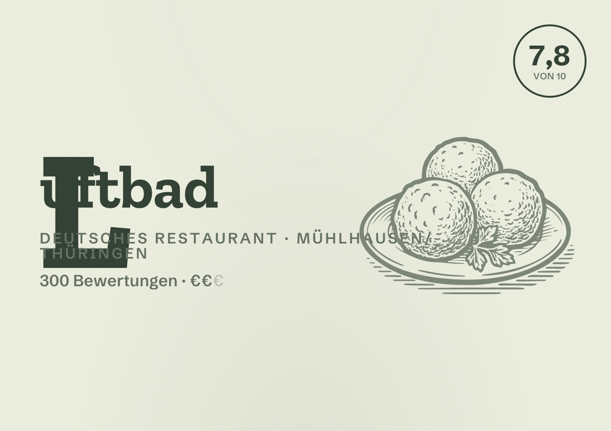 Illustriertes Poster von Luftbad, Deutsches Restaurant in Mühlhausen/Thüringen: Bewertung 7,8 von 10 aus 300 Bewertungen, Preisniveau €€